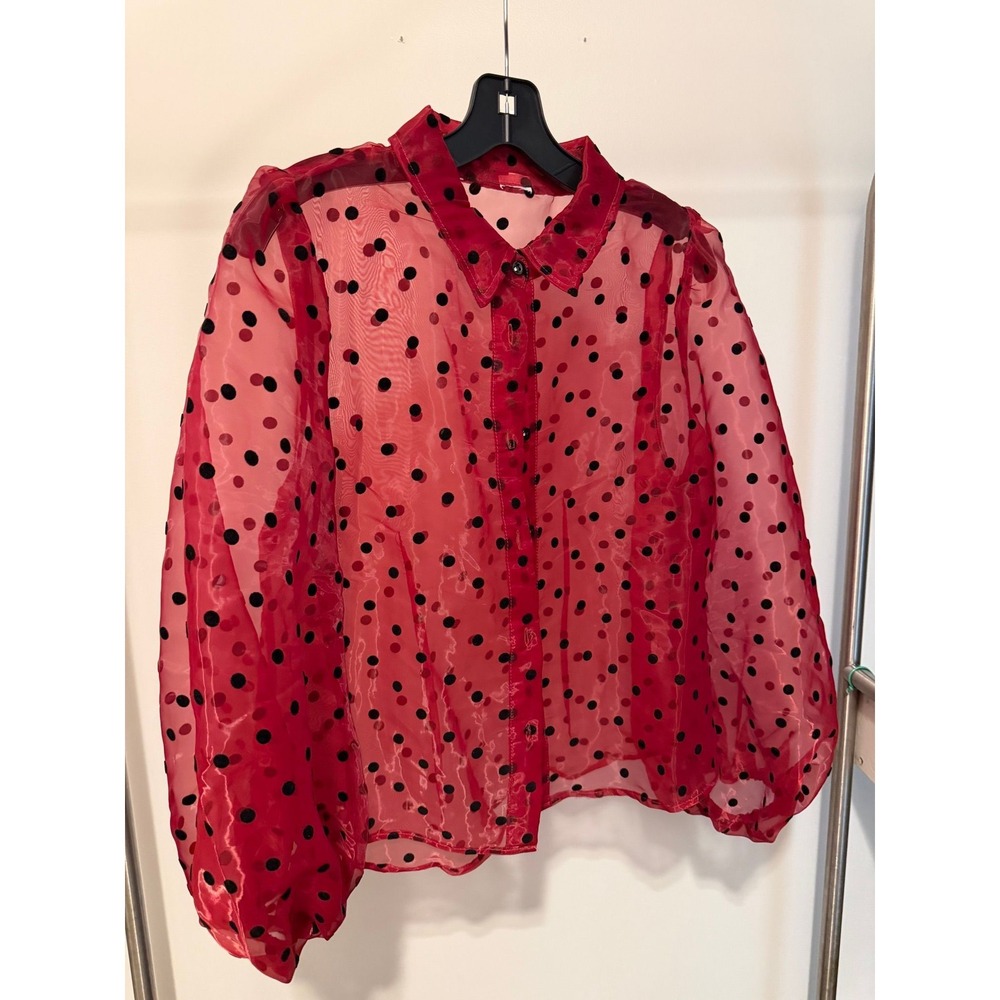 Gorgeous Sheer Red Polka Dot Button-Up Blouse
